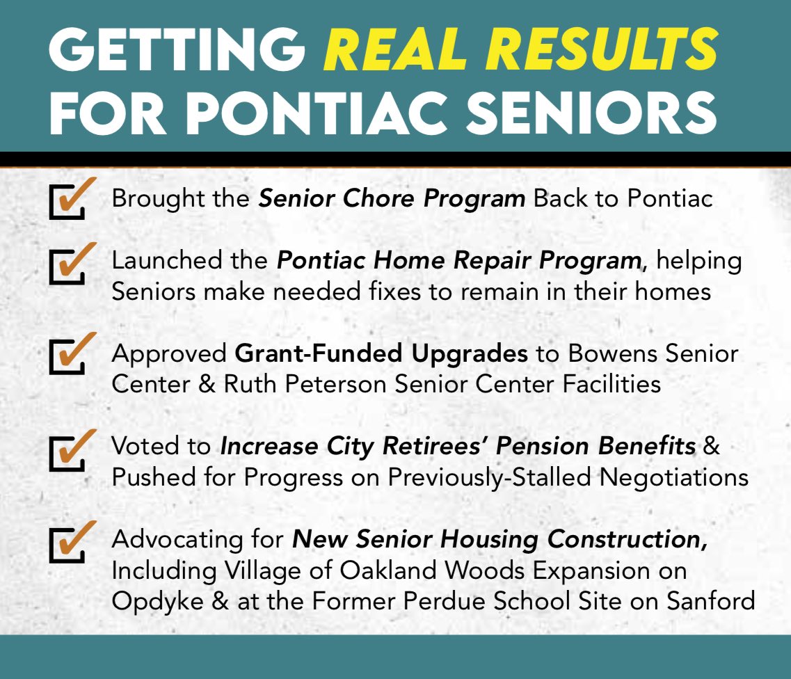 MikeMcGPontiac's tweet image. As our City Council President, I’ve worked to help move Pontiac forward these past three years. One area of growth has been delivering results for our senior citizens. Here’s a summary of recent improvements undertaken by your Council. #LetsGoPontiac