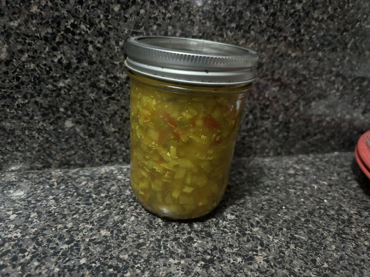 Pickle relish 😁. I harvested just 2 pickling cucumbers today, but I needed relish. Didn’t measure anything. I got a bread &amp; butter pickle flavor, which suits me just fine.
