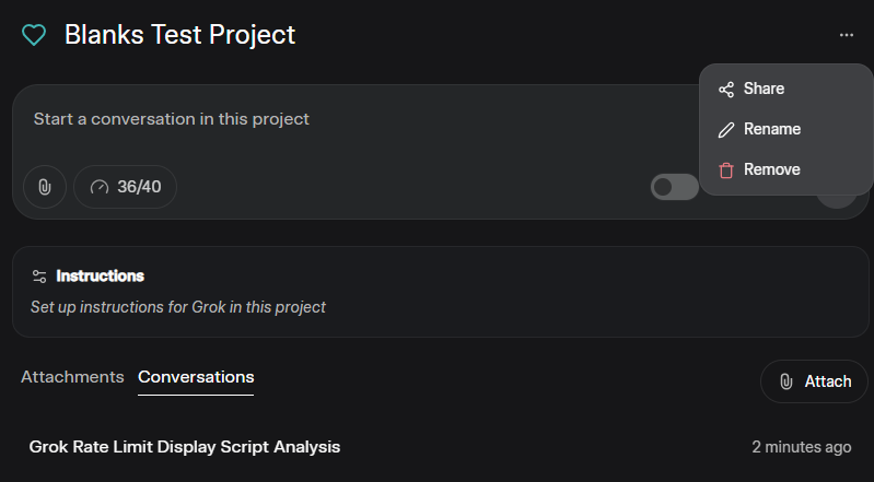 blankspeaker's tweet image. Further testing is being done on Shared Projects on Grok.com. It Looks like When you share a project it will be read only by others.
I hope you will also be able to add contributors/editors who can work on the same project and update files and whatnot.
Here is…