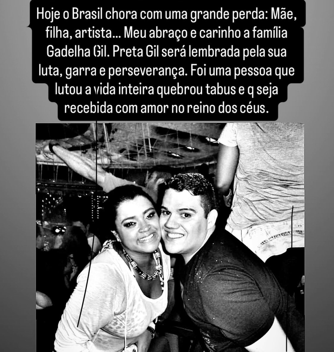 erickricarte's tweet photo. Quebrou tabus e venceu muitas batalhas. #DescanseEmPaz #Luto #ParaSempre #PretaGil 🖤🖤🖤 https://t.co/ULumnrNBaA