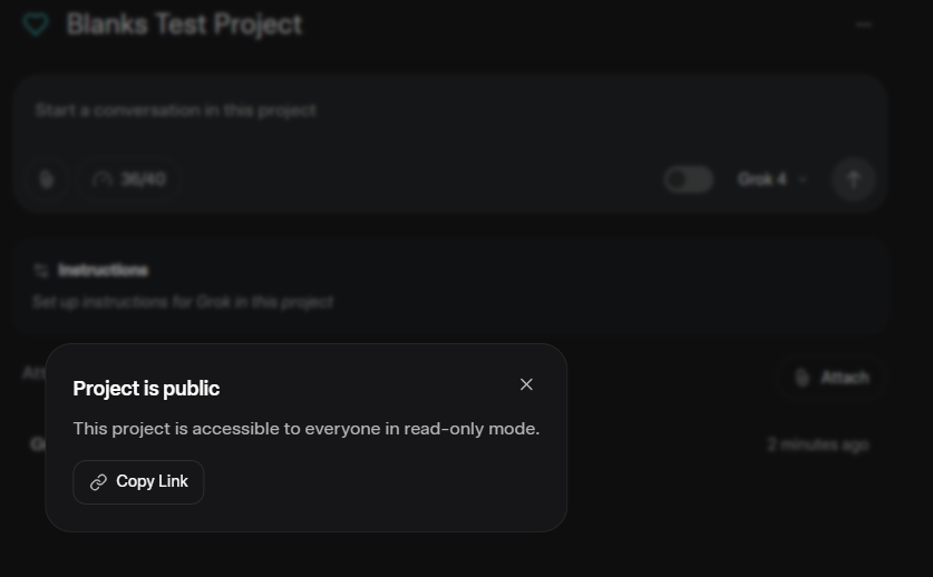 blankspeaker's tweet image. Further testing is being done on Shared Projects on Grok.com. It Looks like When you share a project it will be read only by others.
I hope you will also be able to add contributors/editors who can work on the same project and update files and whatnot.
Here is…