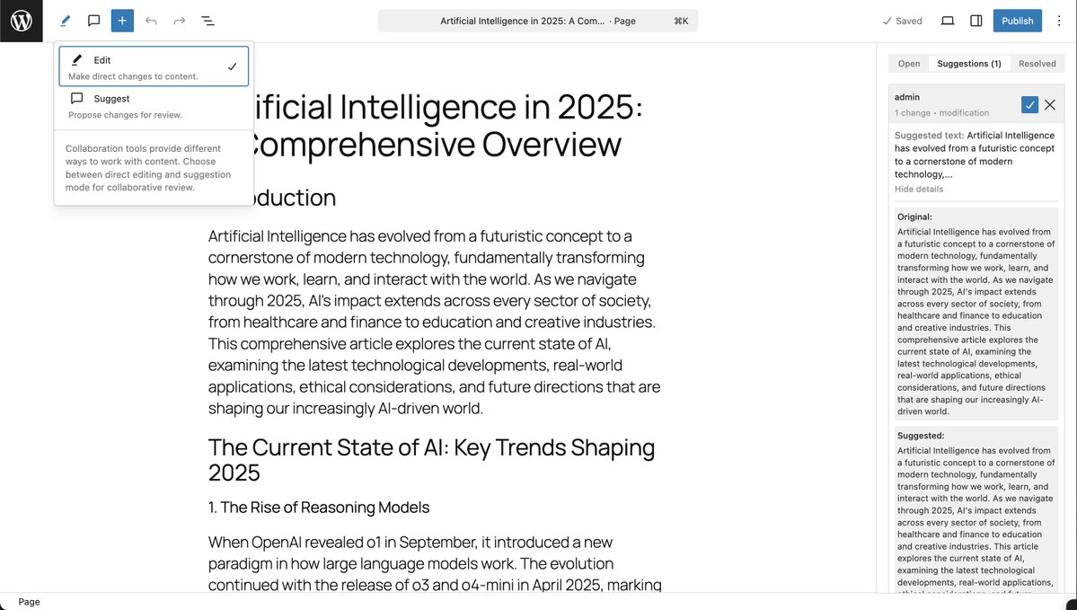 jameswlepage's tweet image. Experimenting with improved suggestions and comments in the Gutenberg experiments