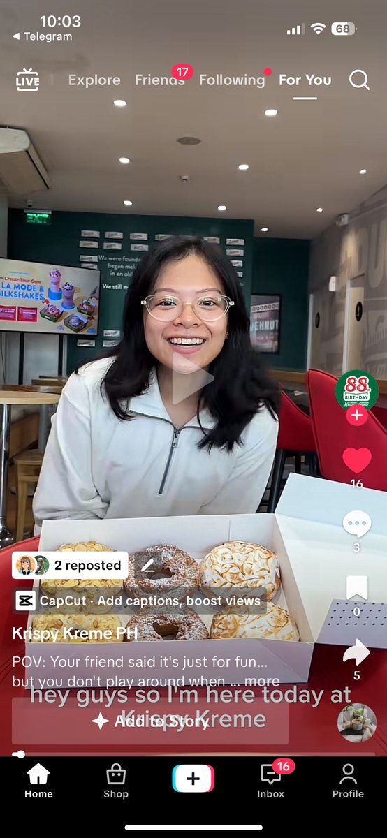 Hey guys, celebrating a baby/smol win today 🥹 

Did a branded collab with Krispy Kreme and the video’s finally up! Hehehe feel free to check it out here &amp; give it some love (pls) HAHAHAH

vt.tiktok.com/ZSB3EU88e/