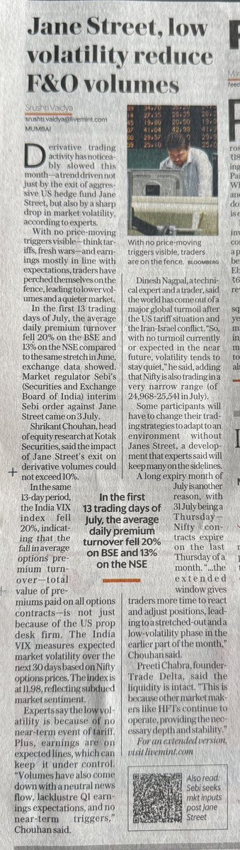 subodhsingh_'s tweet image. Jane Street low volatility reduce F&amp;amp;O Volumes.

In the fist 13 trading days of july the average daily premium turnover fell 20% on BSE &amp;amp; 13% on the NSE.

#stockmarket