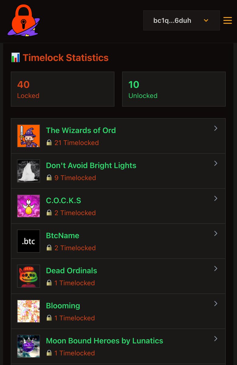 lifofifo's tweet image. Added a stats page for timelocked collections.
โ timelock.space/stats
โจ Over 20 locked @TheWizardsOfOrd
โจ 9x DABL locked by @HopefulofNFTs for 11 years!