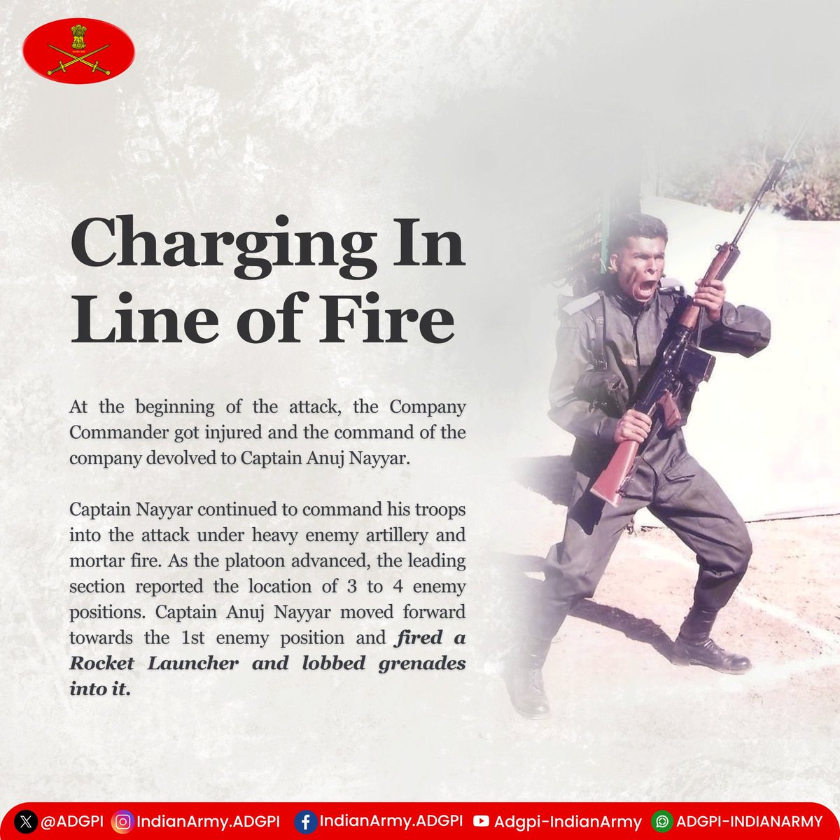 adgpi's tweet image. #26YearsofKargilVijay
Captain Anuj Nayyar
Jat Regiment
During #KargilWar, despite initial setback of losing his Company Commander in the battle of Pt 4875, he took charge of the Company and led his men with unwavering resolve & grit. His gallant act resulted in neutralising…