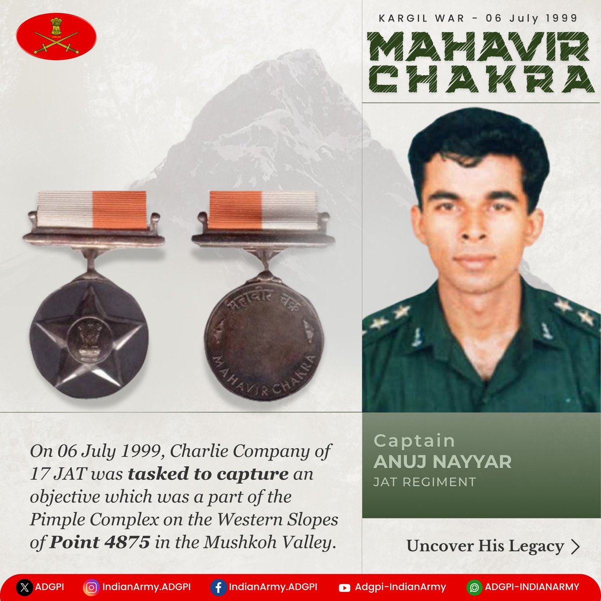 adgpi's tweet image. #26YearsofKargilVijay
Captain Anuj Nayyar
Jat Regiment
During #KargilWar, despite initial setback of losing his Company Commander in the battle of Pt 4875, he took charge of the Company and led his men with unwavering resolve & grit. His gallant act resulted in neutralising…
