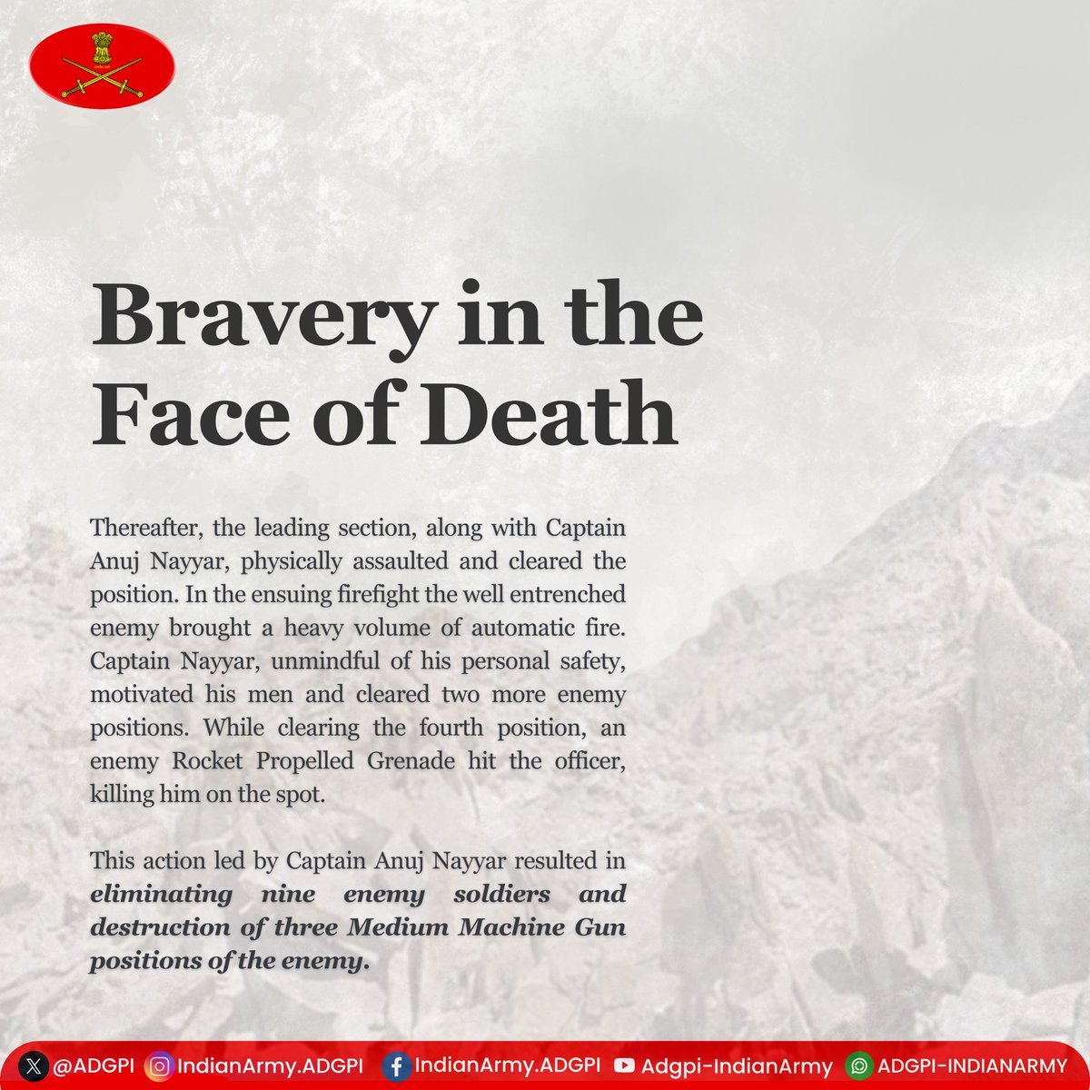 adgpi's tweet image. #26YearsofKargilVijay
Captain Anuj Nayyar
Jat Regiment
During #KargilWar, despite initial setback of losing his Company Commander in the battle of Pt 4875, he took charge of the Company and led his men with unwavering resolve & grit. His gallant act resulted in neutralising…