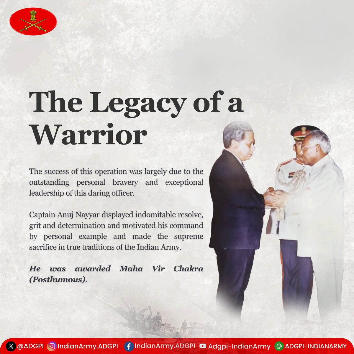 adgpi's tweet image. #26YearsofKargilVijay
Captain Anuj Nayyar
Jat Regiment
During #KargilWar, despite initial setback of losing his Company Commander in the battle of Pt 4875, he took charge of the Company and led his men with unwavering resolve & grit. His gallant act resulted in neutralising…