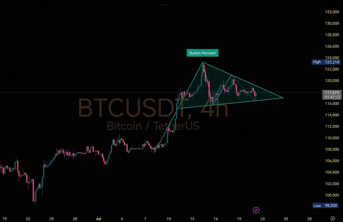 BTC – Bullish Pennant Formation #Bitcoin is currently consolidating inside  a bullish pennant after a strong vertical rally from ~$98K to ~$123K 🚀 🔷  This pattern typically signals a continuation move —