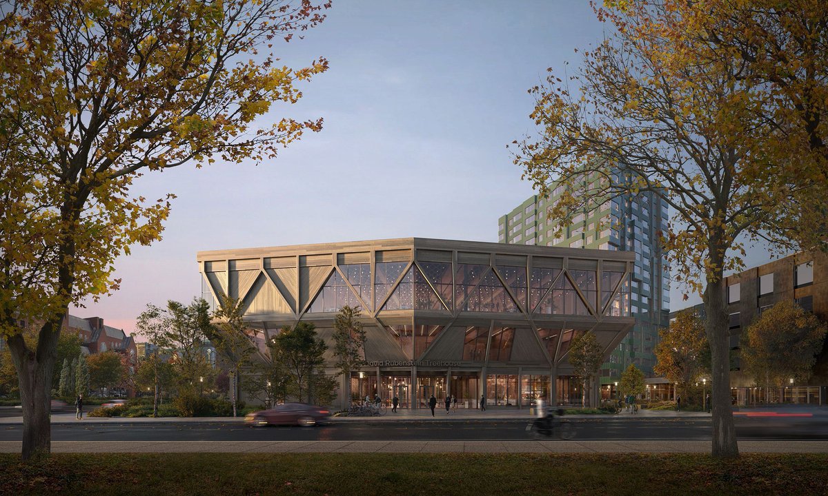TheB1M's tweet photo. Harvard University is building its first sustainably-sourced mass timber structure. Designed by Studio Gang, the David Rubenstein Treehouse will offer new conference facilities and event space on the University’s Enterprise Research Campus in Allston.

Much of the building’s timber structure will be left exposed and made a feature of the design in an effort to inspire more sustainable construction techniques.

In a statement, Studio Gang described the Treehouse as “a low-carbon destination that energizes conversation, collaboration, and the wider neighbourhood through embracing its community and outdoor environment.”

📷 Studio Gang