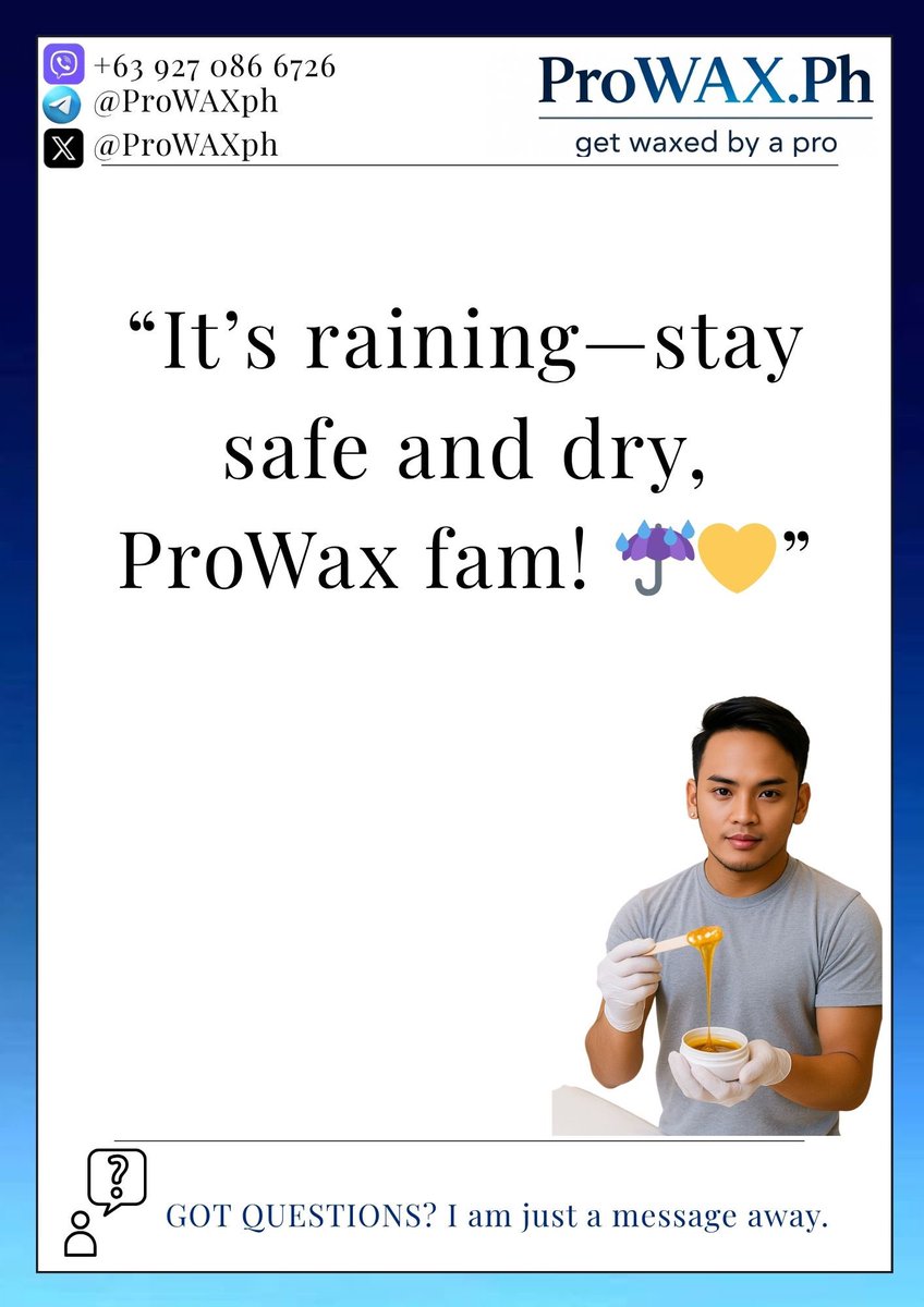 ProWAXph's tweet photo. “Rainy days won’t stop us—but do keep safe out there,
#ProWAXPh
#GetWaxedByAPro
#ProWAXExperience
#ProWAXGlow
#SmoothWithProWAX
#ManilaWaxer
#MensWaxing
#ExclusiveWaxing
#PinoyProWaxer https://t.co/hIeSSnWRXA