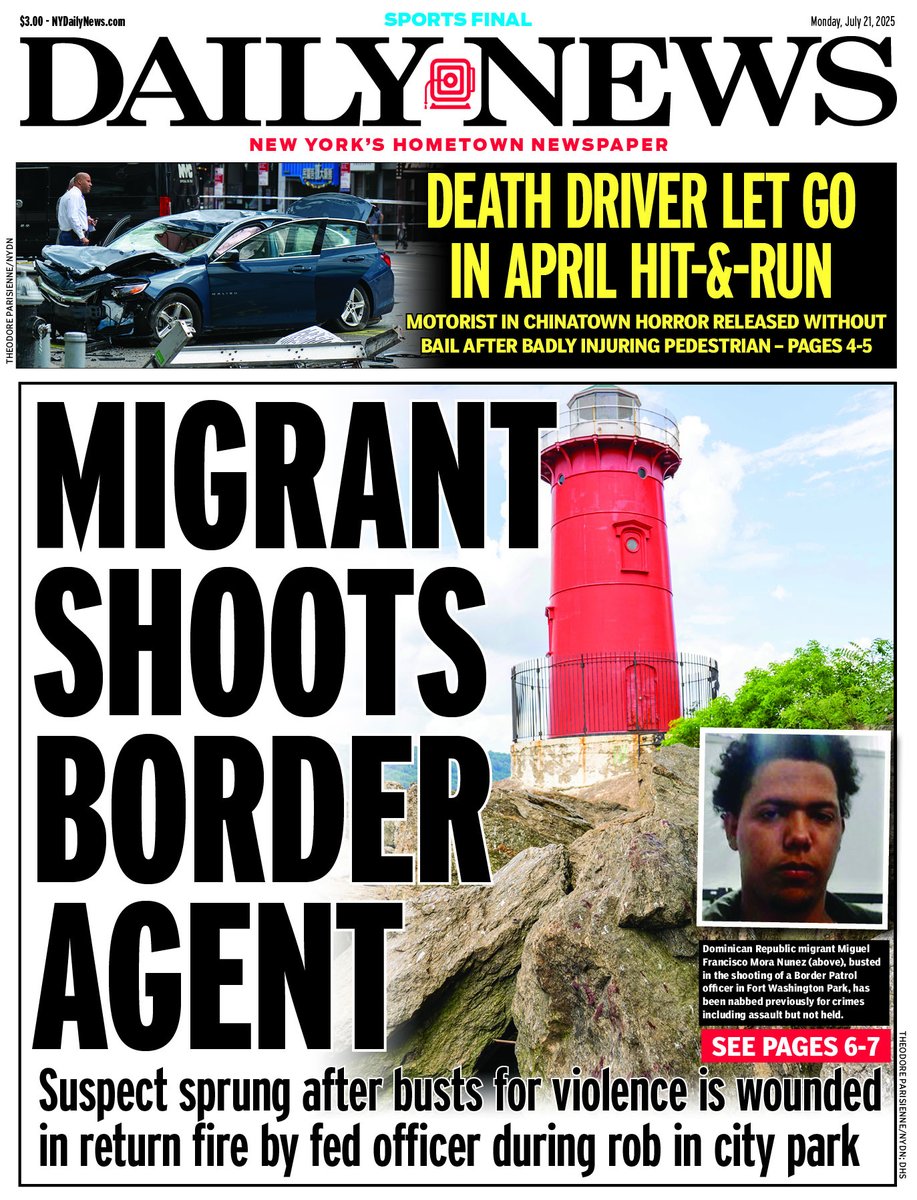NYDailyNews's tweet image. MIGRANT SHOOTS BORDER AGENT
Suspect sprung after busts for violence is wounded in return fire by fed officer during rob in city park trib.al/kNi96rI