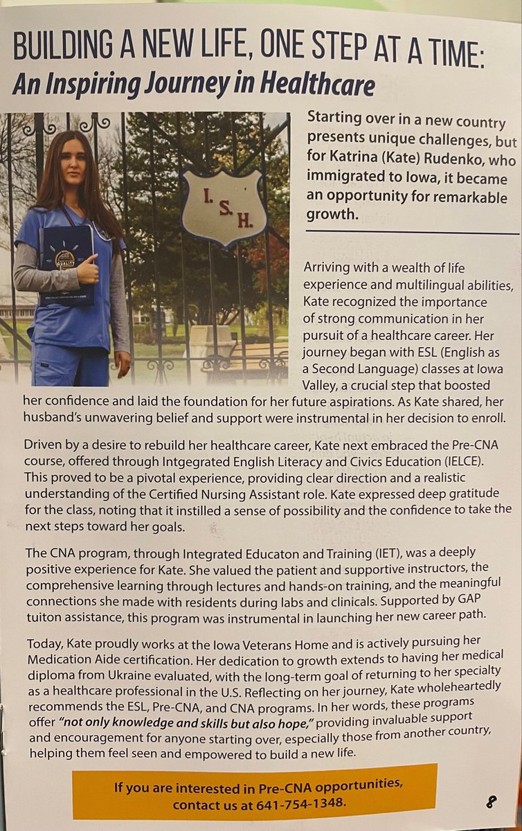 toddjacobus's tweet image. Iowa Veterans Home Resident Treatment Worker (RTW) KATERYNA RUDENKO has come a long way – from Kherson Oblast, Ukraine, to Marshalltown, Iowa USA. Grateful to Iowa Valley Continuing Education for outstanding CNA program & for Kasia’s great work and service. #IowaVeterans