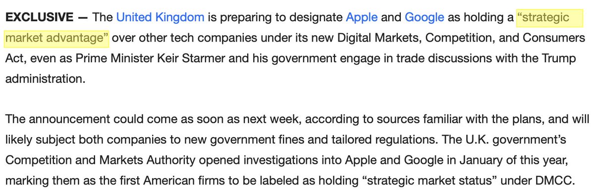 stevesi's tweet image. UK moving on new penalties for Apple and Google amid trade discussions with Trump washingtonexaminer.com/policy/technol… // Literally the goal and only path forward for business is highlighted.