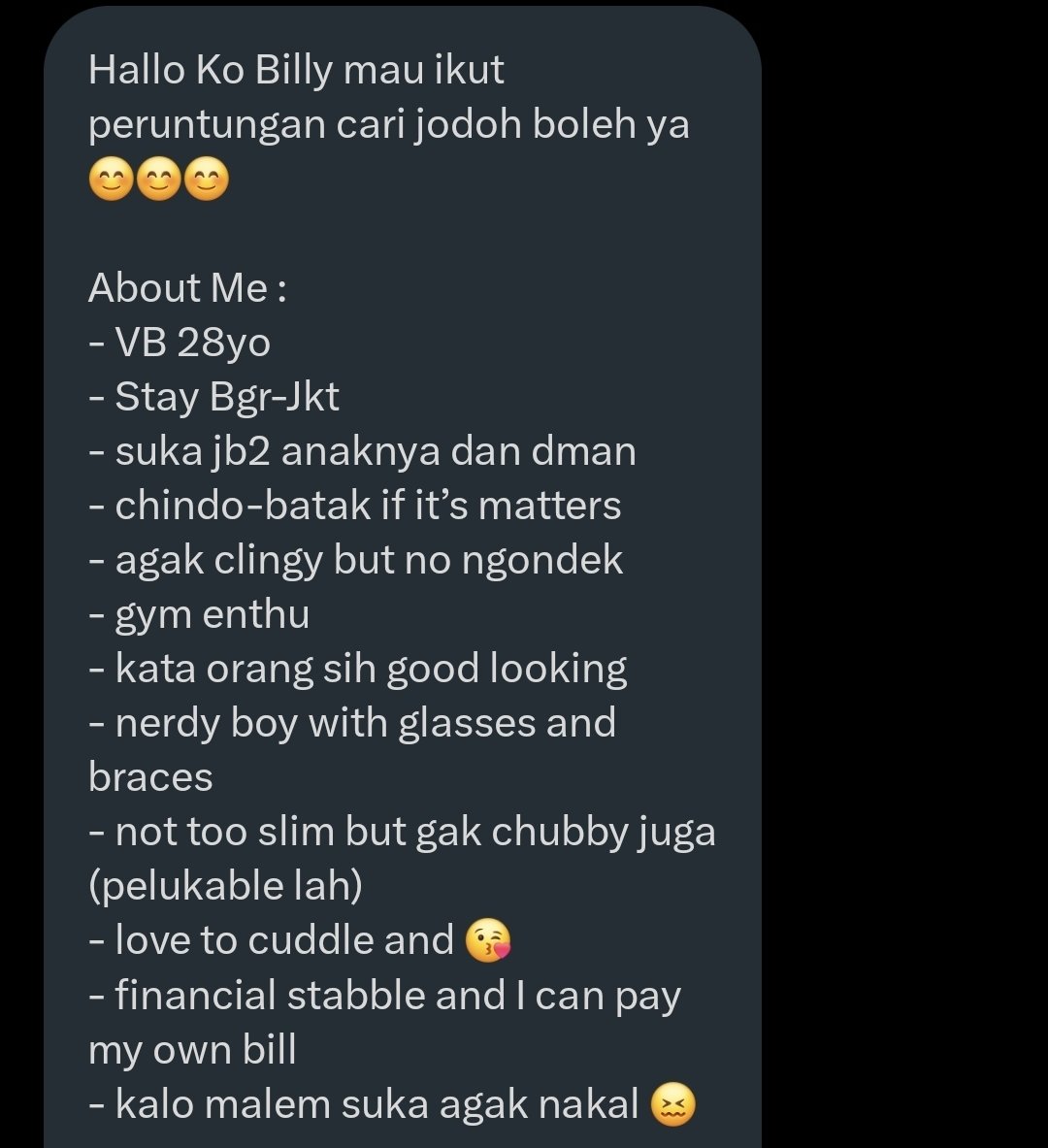 Billy_Naravit's tweet photo. Abang Chindo Batak 28thn dom Bogor mencari cwk nih.
Anaknya manis, kacamataan dengan badan yg pelukable.
Yang mau kenalan silahkan rep ya, jabodetabek only https://t.co/XKM4KNTy9R