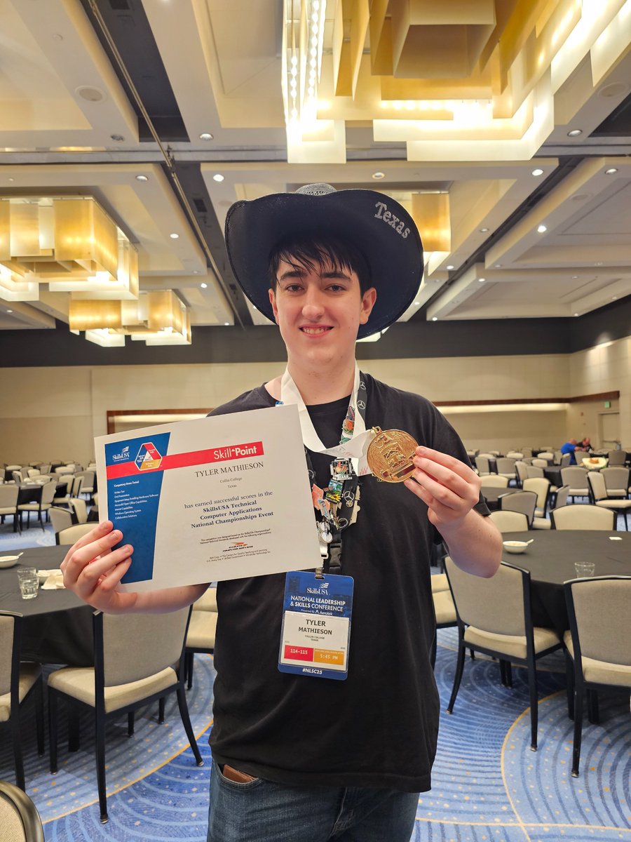 JenMathieson1's tweet photo. I'll never tire of watching him do what he loves. Gold medal in Technical Computer Applications, this time representing @collincollege, @cityofmelissatx &amp; Texas! And he got to meet @ChelleTravis ! #SkillsUSA #tcanationals https://t.co/iFuiAeE2M2