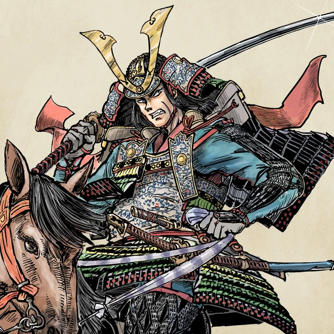 南北朝時代の武将、【阿蘇惟澄/あそ・これずみ】を描いた。彼が多々良浜の戦いで使用したという蛍丸という大太刀が有名。(ちょっとデカく描きすぎたかもしれないが…)