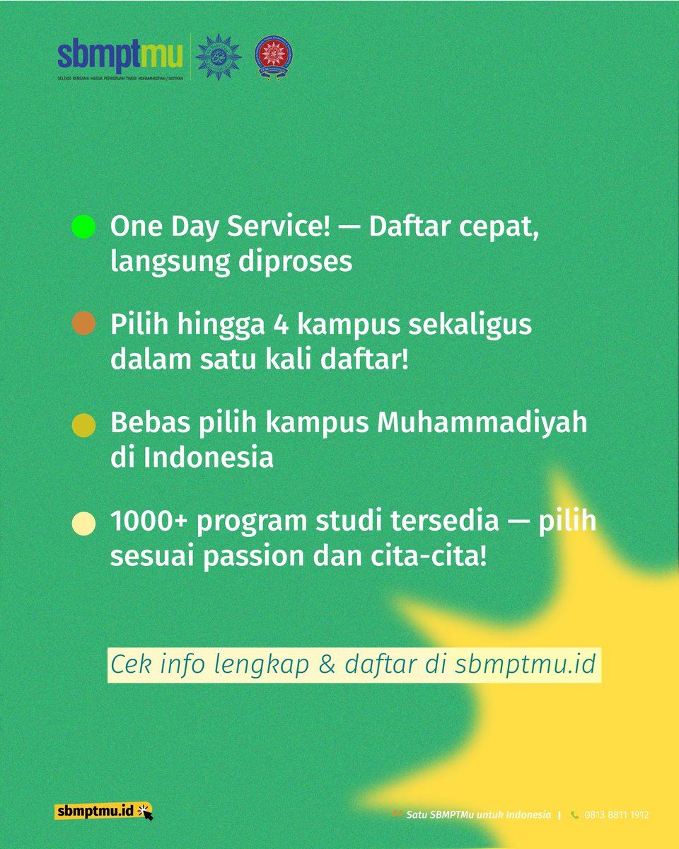 🎓 Mau kuliah tapi bingung daftar ke mana dulu?
Gak usah ribet, langsung daftar lewat SBMPTMu aja!

📌 Efisien, praktis, dan banyak pilihan!
Yuk, pastikan kursimu di kampus impian 🎯

 Daftar sekarang di: sbmptmu.id
📆 Jangan sampai ketinggalan, kuota terbatas!