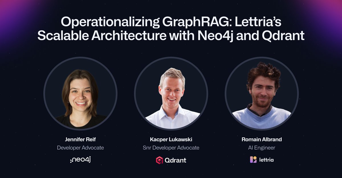 qdrant_engine's tweet image. ๐ข Weโre joining @neo4j and @lettria_fr this Wednesday to break down how Lettria built a scalable GraphRAG system in production, integrating Neo4j for graph reasoning and Qdrant for vector retrieval.
With speakers: @LukawskiKacper, @JMHReif, and Romain Albrand.
๐ Details &โฆ