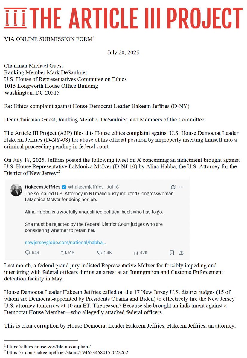 mrddmia's tweet image. 🚨
House Democrat Leader @HakeemJeffries is corruptly strong-arming 17 New Jersey U.S. district judges--including 15 Obama and Biden judges--to fire New Jersey U.S. Attorney @AlinaHabba tomorrow at 10 am.
@Article3Project just filed this House ethics complaint against Hakeem: