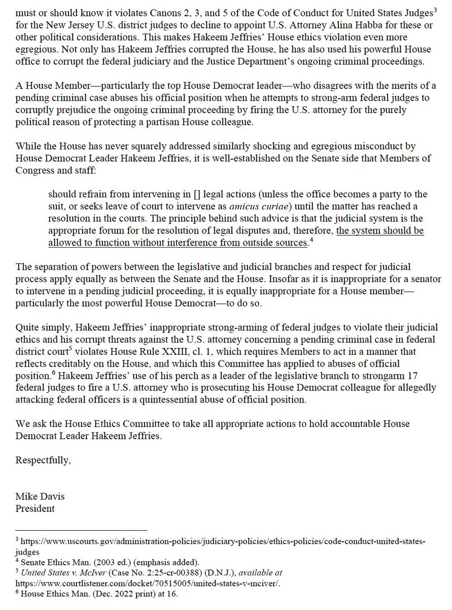 mrddmia's tweet image. 🚨
House Democrat Leader @HakeemJeffries is corruptly strong-arming 17 New Jersey U.S. district judges--including 15 Obama and Biden judges--to fire New Jersey U.S. Attorney @AlinaHabba tomorrow at 10 am.
@Article3Project just filed this House ethics complaint against Hakeem:
