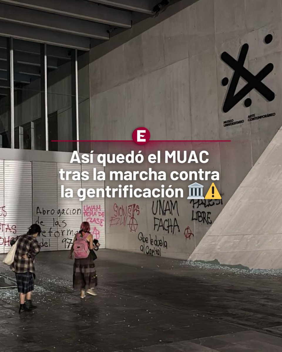 Excelsior's tweet photo. 🏛️⚠️ La segunda marcha contra la gentrificación en CDMX dejó su huella en las inmediaciones del MUAC. Algunos asistentes plasmaron mensajes y consignas en el recinto. 🧱🖍️

📸: Rodolfo Dorantes 

#MUAC #MarchaAntigentrificación #CDMXHoy https://t.co/6Y5M9nJIZR