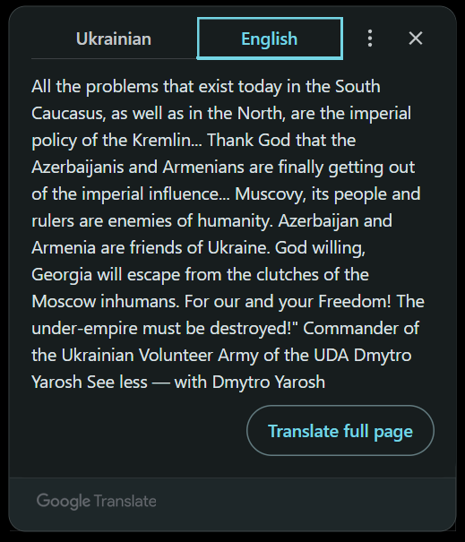 UdaUkrainian's tweet image. "The South/North Caucasus problems are the imperial policy of the Kremlin. Thank God that Azerbaijanis and Armenians "UA friends" are finally getting out of imperial influence. Muscovy its people and rulers are the enemy of humanity" UDA Commander Yarosh
facebook.com/share/p/1AycFS…