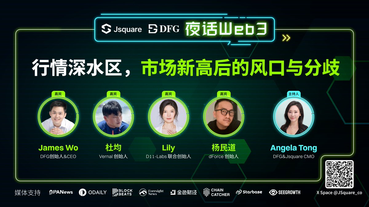 Jsquare (@jsquare_co) on Twitter photo 🎙️ Space预告 | 「夜话Web3」行情深水区:新高之后,看风口还是分歧?
📅 时间: 7月22日(周二)20:00 (SGT)
🔗 预约: x.com/i/spaces/1dRKZ…
📌 嘉宾阵容:
James Wo - DFG 创始人兼CEO(<a href="/realjameswo/">James Wo 💎💎💎</a>)
杜均 - Vernal 创始人(<a href="/DujunX/">Du Jun</a>)
Lily - D11 Labs 联合创始人(<a href="/LilyZ_Crypto/">Lily Zhang</a>)
杨民道 - 🎙️ Space预告 | 「夜话Web3」行情深水区:新高之后,看风口还是分歧?
📅 时间: 7月22日(周二)20:00 (SGT)
🔗 预约: x.com/i/spaces/1dRKZ…
📌 嘉宾阵容:
James Wo - DFG 创始人兼CEO(<a href="/realjameswo/">James Wo 💎💎💎</a>)
杜均 - Vernal 创始人(<a href="/DujunX/">Du Jun</a>)
Lily - D11 Labs 联合创始人(<a href="/LilyZ_Crypto/">Lily Zhang</a>)
杨民道 -