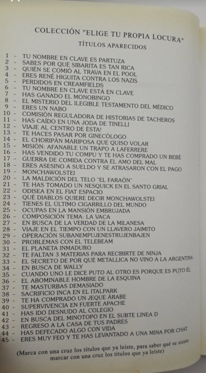 De alguna forma, me llegó esta listado INCREÍBLE de títulos de “elige tu propia aventura”. Los primeros 5’ me reí mucho, los siguientes 15’ me colgué pensando como serían las historias. Creo que hay un nuevo Weekend project …