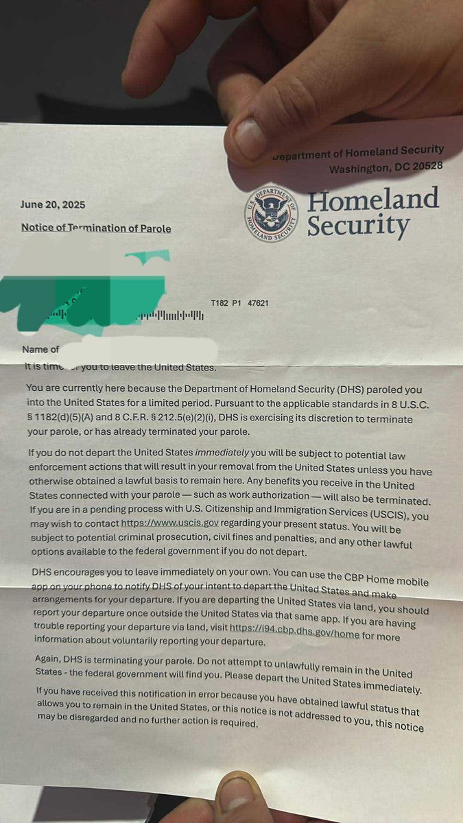 hernandoarce's tweet image. Another termination of parole sent out to an invader !
Hundreds of thousands of these letters have been sent.
Many are self deporting, many have applied for asylum to buy more time, many are being arrested and or fined and removed for not following proper procedures.