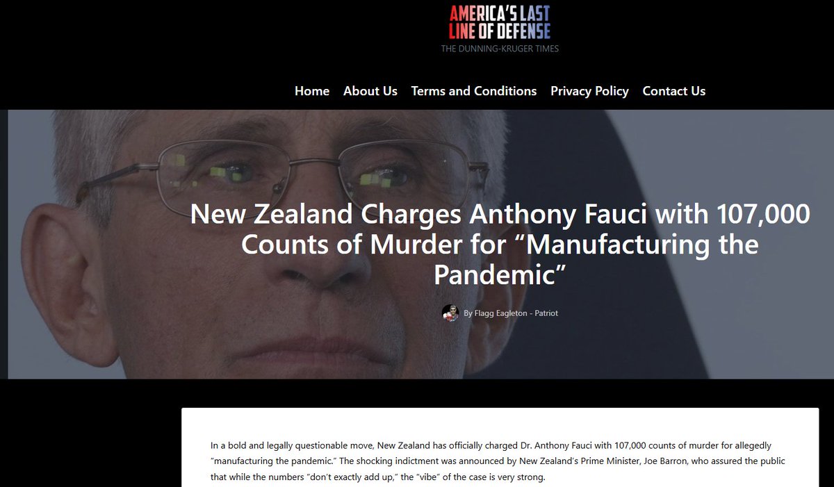 New Zealand has not filed 107,000 counts of homicide against Dr Anthony Fauci and no country has issued arrest warrants for him.

This false tweet is almost word for word lifted from an article published by the satirical website The Dunning-Kruger Times.