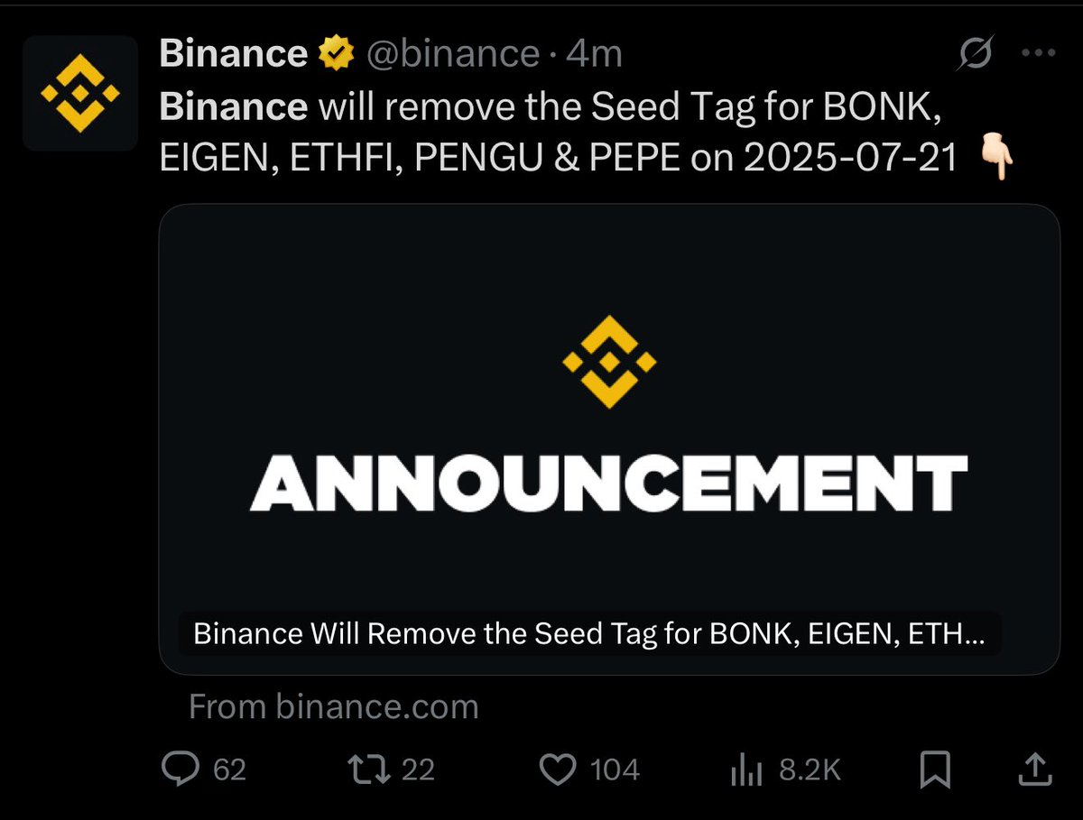 Trump just posted a picture of Pepe on #truthsocial and #binance just removed its seed tag on Pepe. Essentially confirming that it is no longer a high risk, don’t get that confused with high volatility but. It is essentially maturing as an asset. Don’t say the signs weren’t there