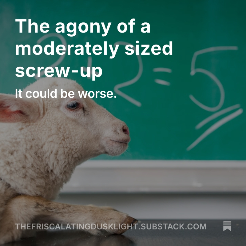 RandBall's tweet image. New at The Friscalating Dusklight: I wrote about the agony of a moderately sized screw-up. (Spoiler alert: I hit a damn parked car in my driveway).
thefriscalatingdusklight.substack.com/p/the-agony-of…