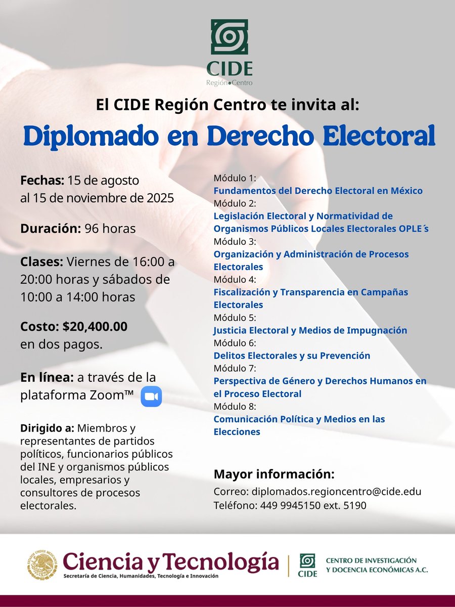 CIDE_MX's tweet image. #DiplomadosCIDE | Inscríbete al Diplomado en Derecho Electoral.
🗓️ Del 15 de agosto al 15 de noviembre de 2025
🌐 Modalidad en línea (vía Zoom)
👉 Registro: forms.office.com/r/7SX1y0KRWx
📄 Conoce el programa aquí: bit.ly/4l9U7hh
ℹ️ Informes: diplomados.regioncentro@cide.edu