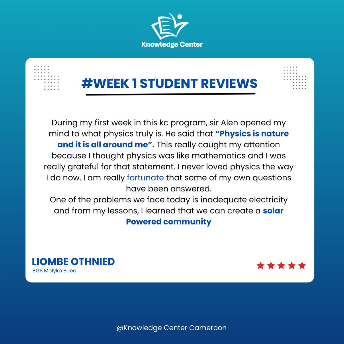 KCCameroon's tweet image. "Sir Alen opened my mind to what physics truly is - Nature that is all around me-. And from my lessons, we can solve the electricity problem by creating a solar powered communities"

Limbe Othnied

#kcsummer2025 #week1reviews #summer #education