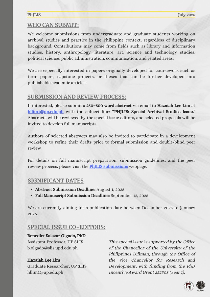 Official_UPD's tweet image. Student researchers are invited to submit research abstracts for the special issue of the Philippine Journal of Librarianship and Information Studies of the UP Diliman School of Library and Information Studies until Aug. 1.
To submit abstracts, email hllim1@up.edu.ph.