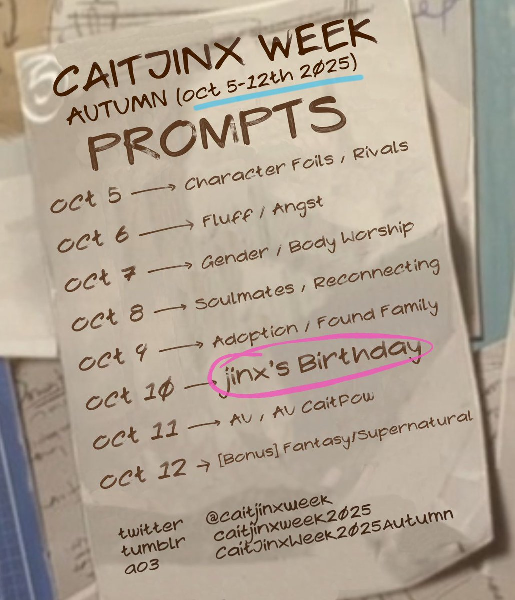 caitjinxweek's tweet image. The #CaitJinxWeek2025 Autumn prompts are here!
The guidelines will remain the same as last time and can be found on our Strawpage (linked in bio). For any further questions, feel free to send us a gimmick through SP or an ask through Tumblr.
More announcements coming soon! 💙🩵