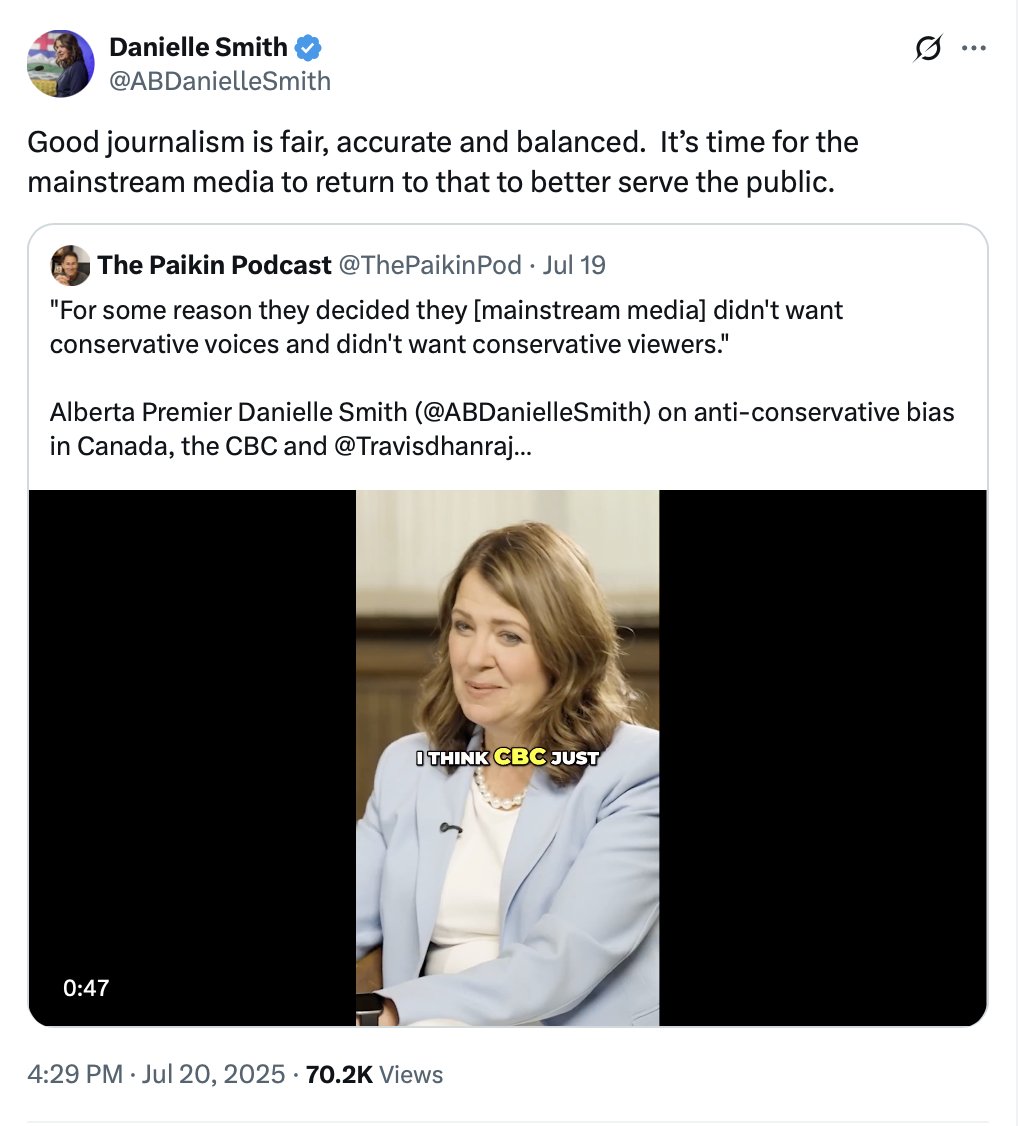 Good journalism is calling people on their bullshit, like the notion that CBC doesn't want to hear from Conservatives when they spent two years begging any Conservative to appear on P&amp;P.