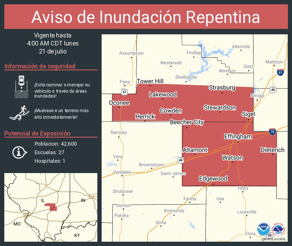 NWSLincolnIL's tweet image. Aviso de Inundación Repentina incluye Effingham IL, Altamont IL, Teutopolis IL hasta las 4:00 AM CDT