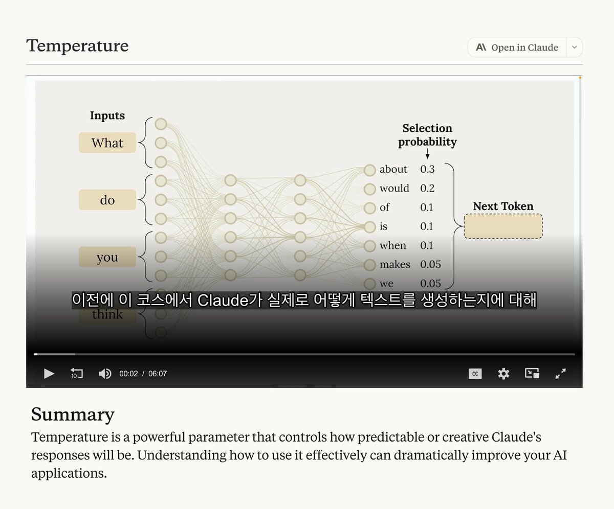 lucas_flatwhite's tweet photo. 📙 Anthropic Academy 무료 개발자 교육

Claude with the Anthropic API
https://t.co/WjseZxGUJk

Claude AI를 실제 애플리케이션에 통합할 수 있도록 돕는 완전 무료 온라인 교육 프로그램!

Skilljar 플랫폼을 통해 제공되며, 체계적인 학습 관리 시스템을 통해 진도 추적과 대화형 학습 경험을 제공해요.

영어라고 두려워하지 마세요! 한국어 자막도 제공되니 충분히 접근할 수 있어요~💬

👇🏻

1. Introduction
- Anthropic 및 Claude 모델 소개
- 코스 개요 및 학습 목표

2. Accessing Claude with the API
- API 키 발급 및 기본 요청 방법
- 멀티턴 대화와 시스템 프롬프트 활용
- 온도 설정 및 응답 스트리밍
- 모델 출력 제어 및 구조화된 데이터 처리
- 실습 과제 및 퀴즈

3. Prompt evaluation
- 프롬프트 성능 평가 워크플로우
- 테스트 데이터셋 생성 및 평가 실행
- 모델 기반 및 코드 기반 채점 방식
- 프롬프트 평가 실습

4. Prompt engineering techniques
- 명확하고 구체적인 프롬프트 작성법
- XML 태그를 통한 구조화 기법
- 효과적인 예시 제공 방법
- 프롬프팅 실습 과제

5. Tool use with Claude
- Claude 도구 사용 기초 및 프로젝트 개요
- 도구 함수 및 스키마 정의
- 멀티턴 도구 대화 구현
- 배치 도구, 텍스트 편집, 웹 검색 도구 활용
- 구조화된 데이터를 위한 도구 사용
- 도구 사용 종합 퀴즈

6. Retrieval Augmented Generation
- RAG 시스템 소개 및 전체 워크플로우
- 텍스트 청킹 전략 및 임베딩
- BM25 렉시컬 검색 구현
- 멀티 인덱스 RAG 파이프라인
- 검색 결과 재순위 및 컨텍스트 검색
- RAG 구현 실습

7. Features of Claude
- 확장된 사고(Extended Thinking) 기능
- 이미지 및 PDF 지원 기능
- 인용(Citations) 및 프롬프트 캐싱
- 캐싱 규칙 및 실제 적용
- 코드 실행 및 Files API 활용
- Claude 기능 종합 퀴즈

8. Model Context Protocol
- MCP 소개 및 클라이언트 설정
- 프로젝트 설정 및 MCP를 통한 도구 정의
- 서버 인스펙터 및 클라이언트 구현
- 리소스 정의 및 접근 방법
- 프롬프트 정의 및 클라이언트 활용
- MCP 종합 리뷰 및 퀴즈

9. Anthropic apps - Claude Code and computer use
- Anthropic 앱 소개 및 Claude Code 설정
- Claude Code 실제 활용 사례
- MCP 서버를 통한 기능 향상
- Claude Code 병렬 처리 및 자동화 디버깅
- 컴퓨터 사용(Computer Use) 기능
- 컴퓨터 사용 작동 원리 및 퀴즈

10. Agents and workflows
 - 에이전트와 워크플로우 기본 개념
 - 병렬화, 체인화, 라우팅 워크플로우
 - 에이전트와 도구 통합
 - 환경 검사 및 에이전트 vs 워크플로우 비교
 - 에이전트 및 워크플로우 퀴즈

11. Final assessment
 - 전체 학습 내용 종합 평가

12. Wrapping up!
 - 코스 마무리 및 다음 단계 안내

Claude with the Anthropic API
https://t.co/WjseZxGUJk

배움은 건강에 좋다! 💪🏻