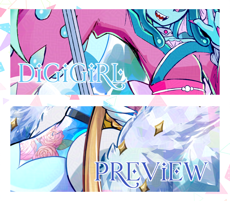 Alycoris's tweet image. Yoo-hoo! Here&apos;s a sneak peek for the pieces I did for this year&apos;s @DigigirlZine ✨

It drops on August 1st, so look forward to it! 🎐