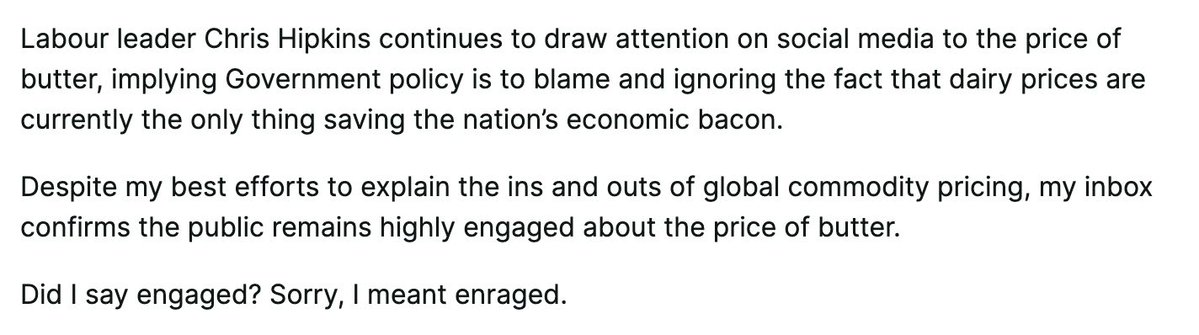 DailyIndgnation's tweet image. The public are not seeing the benefits of Fonterra making a killing, but they are seeing they can&apos;t afford butter we make here. 

This is apparently baffling to approximately 99% of the media, who continue to insist how good high prices are for &quot;our&quot; economy.