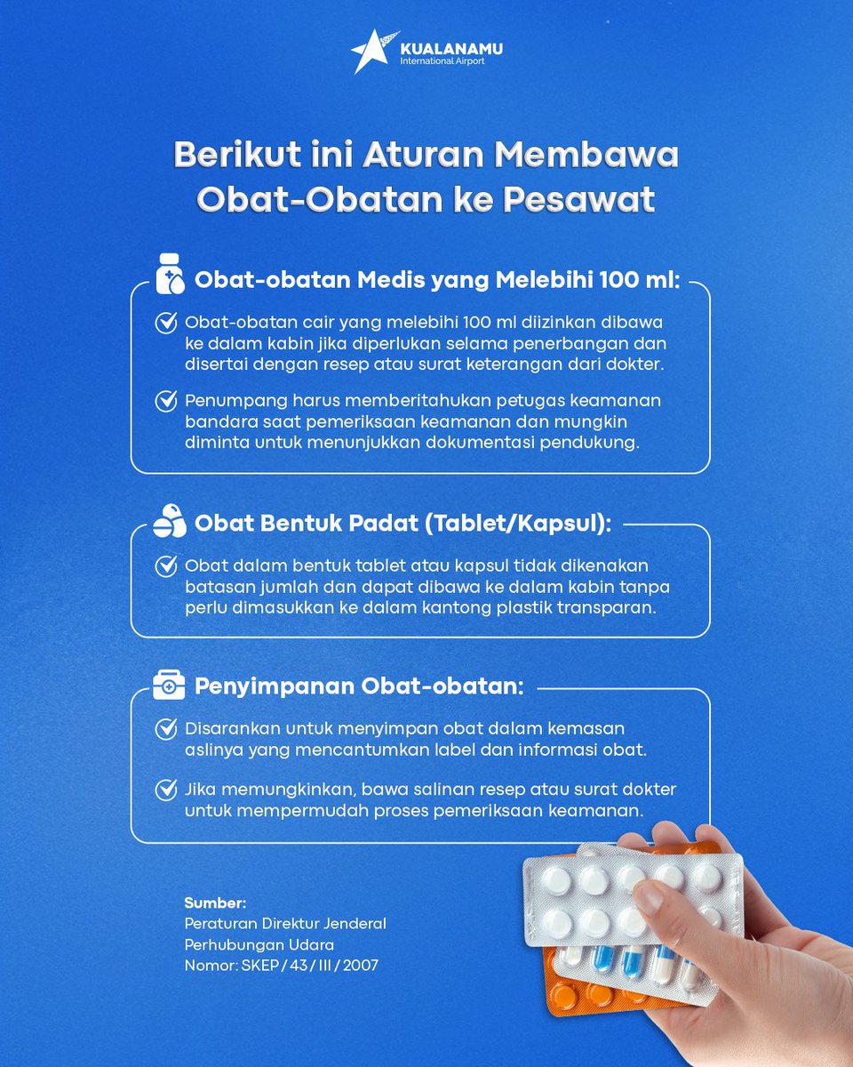 Bawa obat-obatan saat terbang?
Jangan lupa cek petunjuknya dulu ya!
Pastikan sesuai aturan agar perjalanan tetap aman dan nyaman

#Kualanamu
#Bandarakualanamu