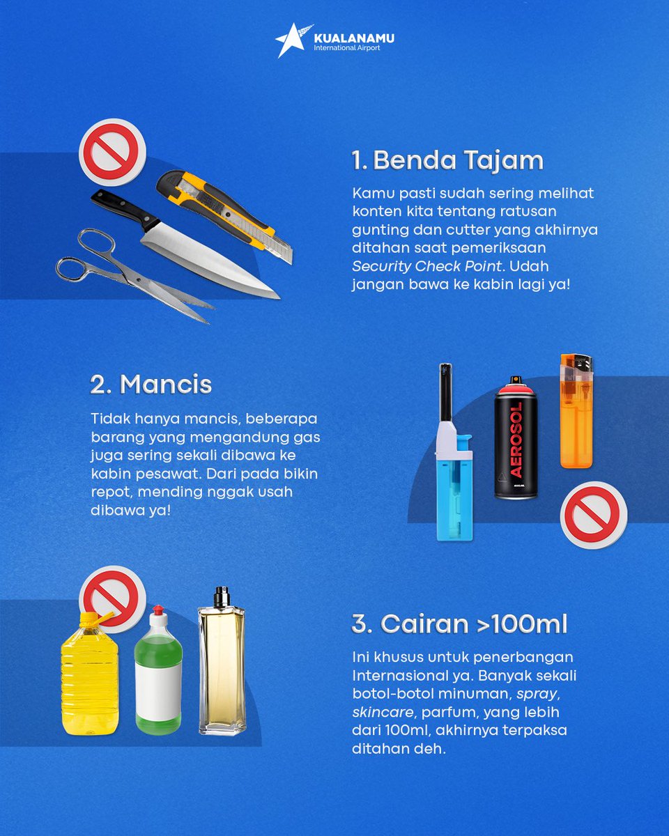 Mungkin sudah ada ratusan gunting ataupun cutter yang terpaksa harus ditahan di Security Check Point. Biar nggak ngerepotin kamu, karena harus bonhgkar-bongkar tas lagi, mending nggak usah dibawa ya!
#kualanamu
#BandaraKualanamu 
#kualanamuAiport