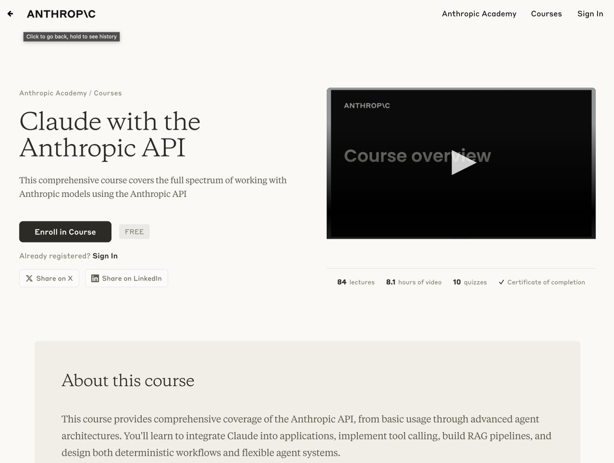 lucas_flatwhite's tweet photo. 📙 Anthropic Academy 무료 개발자 교육

Claude with the Anthropic API
https://t.co/WjseZxGUJk

Claude AI를 실제 애플리케이션에 통합할 수 있도록 돕는 완전 무료 온라인 교육 프로그램!

Skilljar 플랫폼을 통해 제공되며, 체계적인 학습 관리 시스템을 통해 진도 추적과 대화형 학습 경험을 제공해요.

영어라고 두려워하지 마세요! 한국어 자막도 제공되니 충분히 접근할 수 있어요~💬

👇🏻

1. Introduction
- Anthropic 및 Claude 모델 소개
- 코스 개요 및 학습 목표

2. Accessing Claude with the API
- API 키 발급 및 기본 요청 방법
- 멀티턴 대화와 시스템 프롬프트 활용
- 온도 설정 및 응답 스트리밍
- 모델 출력 제어 및 구조화된 데이터 처리
- 실습 과제 및 퀴즈

3. Prompt evaluation
- 프롬프트 성능 평가 워크플로우
- 테스트 데이터셋 생성 및 평가 실행
- 모델 기반 및 코드 기반 채점 방식
- 프롬프트 평가 실습

4. Prompt engineering techniques
- 명확하고 구체적인 프롬프트 작성법
- XML 태그를 통한 구조화 기법
- 효과적인 예시 제공 방법
- 프롬프팅 실습 과제

5. Tool use with Claude
- Claude 도구 사용 기초 및 프로젝트 개요
- 도구 함수 및 스키마 정의
- 멀티턴 도구 대화 구현
- 배치 도구, 텍스트 편집, 웹 검색 도구 활용
- 구조화된 데이터를 위한 도구 사용
- 도구 사용 종합 퀴즈

6. Retrieval Augmented Generation
- RAG 시스템 소개 및 전체 워크플로우
- 텍스트 청킹 전략 및 임베딩
- BM25 렉시컬 검색 구현
- 멀티 인덱스 RAG 파이프라인
- 검색 결과 재순위 및 컨텍스트 검색
- RAG 구현 실습

7. Features of Claude
- 확장된 사고(Extended Thinking) 기능
- 이미지 및 PDF 지원 기능
- 인용(Citations) 및 프롬프트 캐싱
- 캐싱 규칙 및 실제 적용
- 코드 실행 및 Files API 활용
- Claude 기능 종합 퀴즈

8. Model Context Protocol
- MCP 소개 및 클라이언트 설정
- 프로젝트 설정 및 MCP를 통한 도구 정의
- 서버 인스펙터 및 클라이언트 구현
- 리소스 정의 및 접근 방법
- 프롬프트 정의 및 클라이언트 활용
- MCP 종합 리뷰 및 퀴즈

9. Anthropic apps - Claude Code and computer use
- Anthropic 앱 소개 및 Claude Code 설정
- Claude Code 실제 활용 사례
- MCP 서버를 통한 기능 향상
- Claude Code 병렬 처리 및 자동화 디버깅
- 컴퓨터 사용(Computer Use) 기능
- 컴퓨터 사용 작동 원리 및 퀴즈

10. Agents and workflows
 - 에이전트와 워크플로우 기본 개념
 - 병렬화, 체인화, 라우팅 워크플로우
 - 에이전트와 도구 통합
 - 환경 검사 및 에이전트 vs 워크플로우 비교
 - 에이전트 및 워크플로우 퀴즈

11. Final assessment
 - 전체 학습 내용 종합 평가

12. Wrapping up!
 - 코스 마무리 및 다음 단계 안내

Claude with the Anthropic API
https://t.co/WjseZxGUJk

배움은 건강에 좋다! 💪🏻