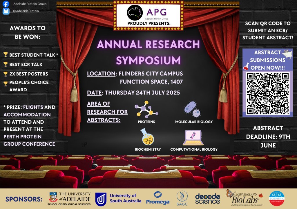 AdelaideProtein's tweet image. 🚨 Last chance to register! 🚨

The countdown is on for the APG Annual Research Symposium 🎉

💥Get ready for a day of cutting-edge science, inspiring talks, and great connections! 

🗓️ Don’t miss out — register now: events.humanitix.com/apg-research-s…