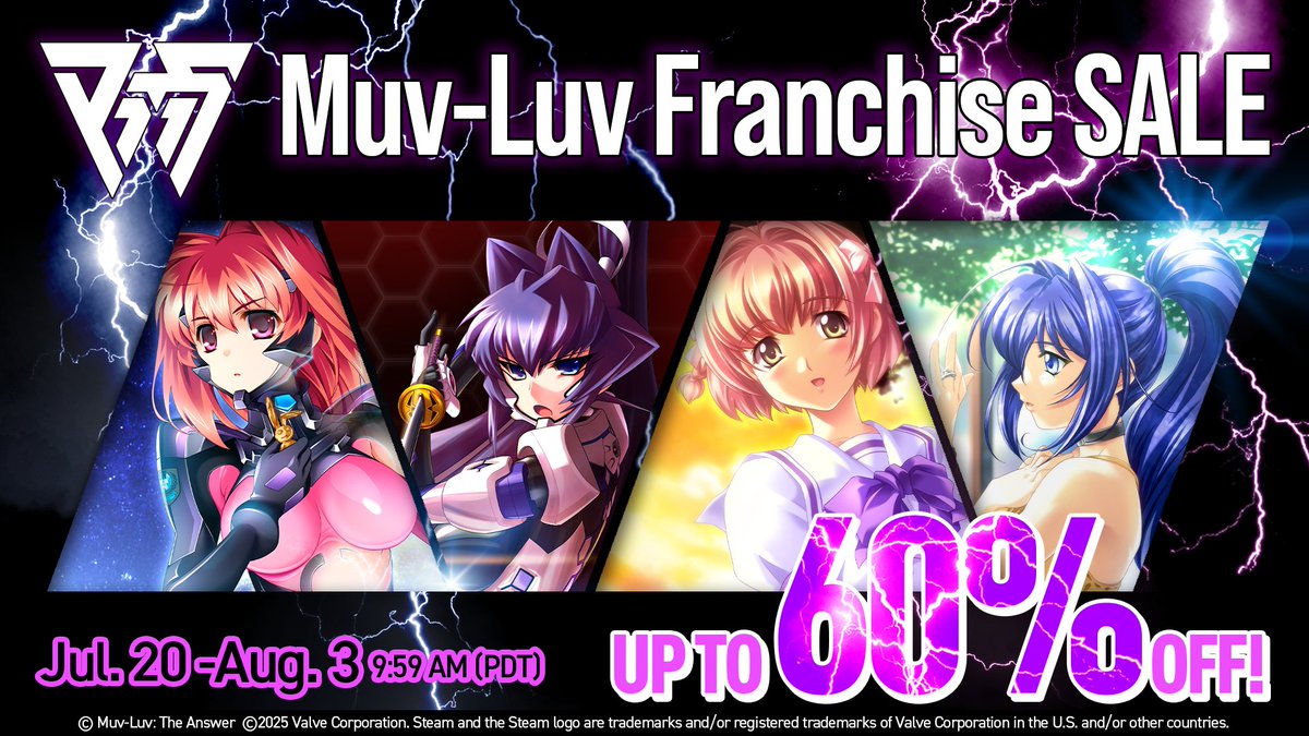 aNCHOR_Games_EN's tweet image. 🔥 STEAM SALE NOW LIVE! 🔥
Best prices yet on beloved visual novels!
✅ "Kimi ga Nozomu Eien" - 30% OFF
✅ "The Imperial Capital Burns" - 50% OFF
⏰ Sale ends August 3 at 9:59 AM PDT
Shop the sale now:
store.steampowered.com/publisher/anch…
#MuvLuv