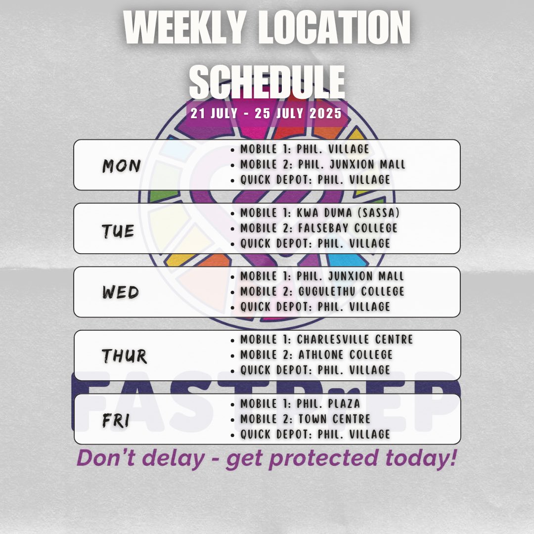 FASTPrEPstudy's tweet image. Happy Monday! 💥
New week, new weekly location schedule 🚑.
#fastprep #weeklylocation #schedule #desmondtutuhealthfoundation #hivfreegeneration #sexualhealth