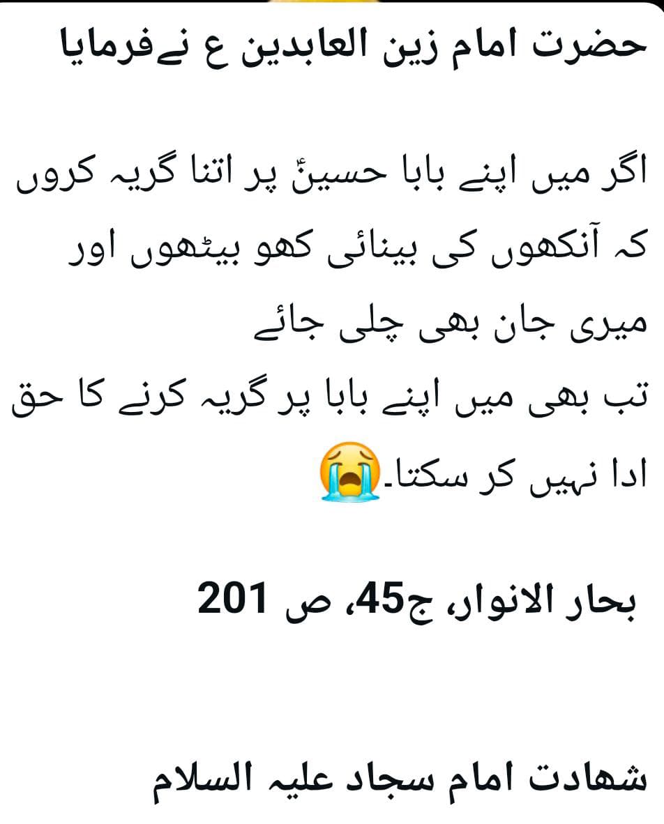 GhulamMehdi44's tweet photo. جس امام نے کربلا کے قیدیوں کی امامت کی، اُسے زہر دے کر خاموش کر دیا گیا!"

#شہادت_امام_زین_العابدینؑ https://t.co/xth3f5kUUI